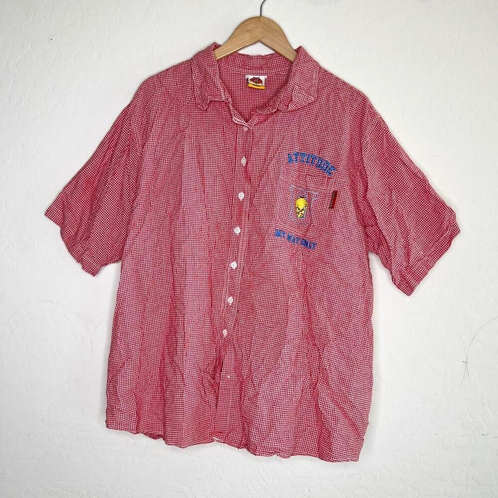 Looney Tunes Red & White Check Short Sleeve Button Up Shirt - Picture 2 of 9